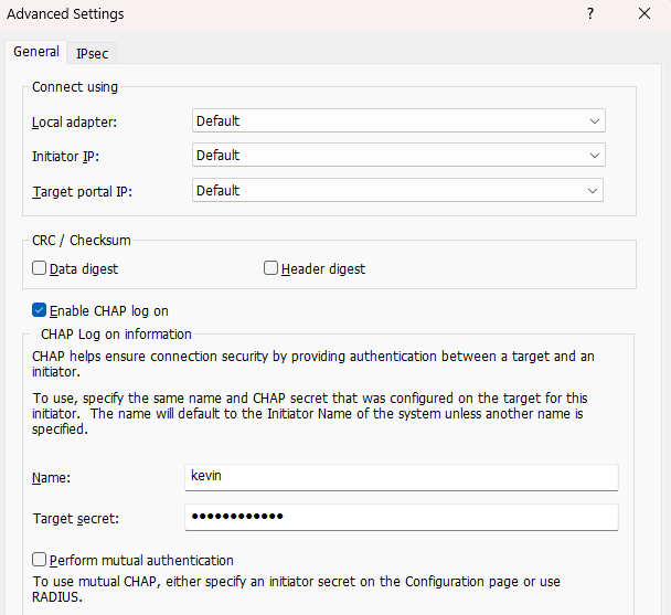 Enabling CHAP in Connection Settings