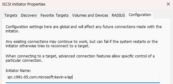 Windows iSCSI Initiator Properties Configuration