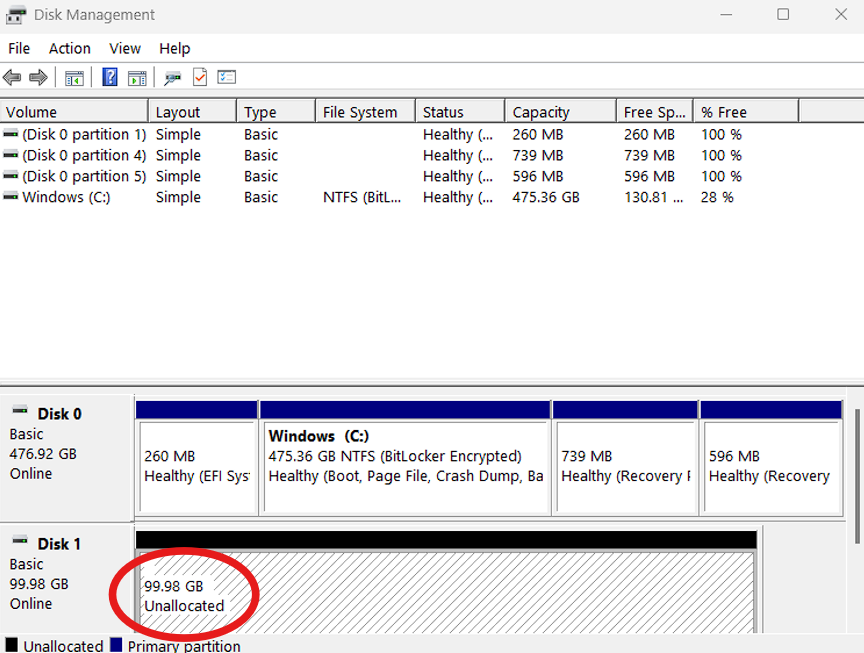 Disk Management showing unallocated volume
